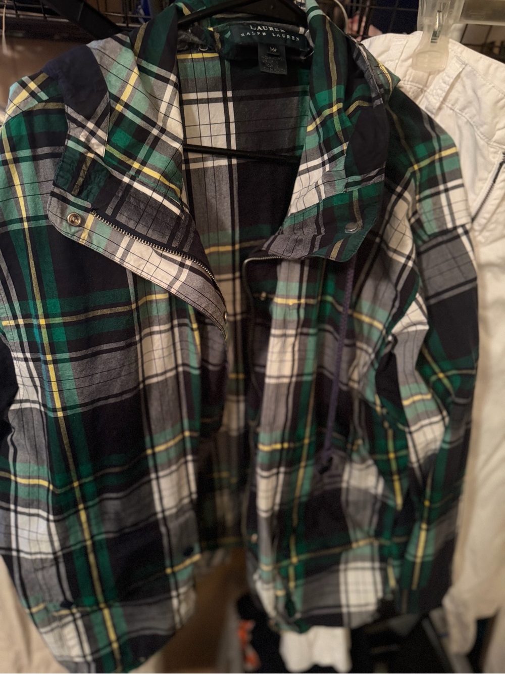 Ralph Lauren Navy, Green & White Plaid Button-Down jacket with hood
